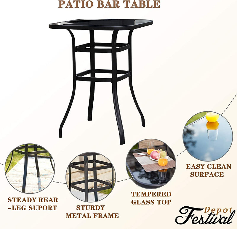 Festival Depot 6-Piece Bar Bistro Patio Outdoor Dining Furniture Sets High Stools 360° Swivel Chairs with Slatted Steel Curved Armrest Square Coffee Side Table Tempered Glass Desktop