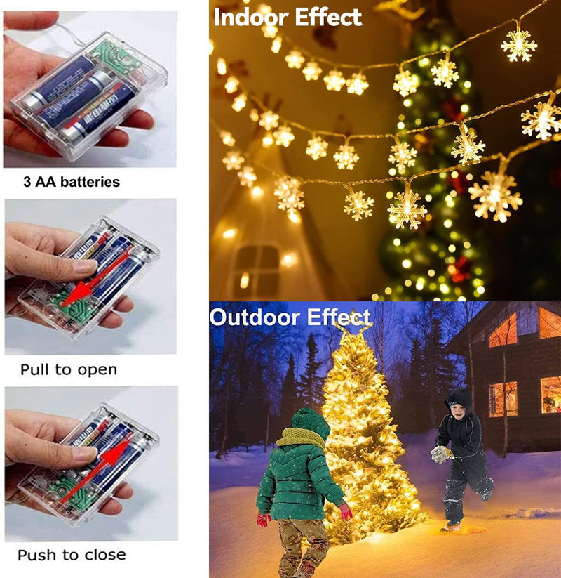 8 Set of 20 Ft 40 LED Waterproof Snowflake String Lights w/ Warm White Battery Operated