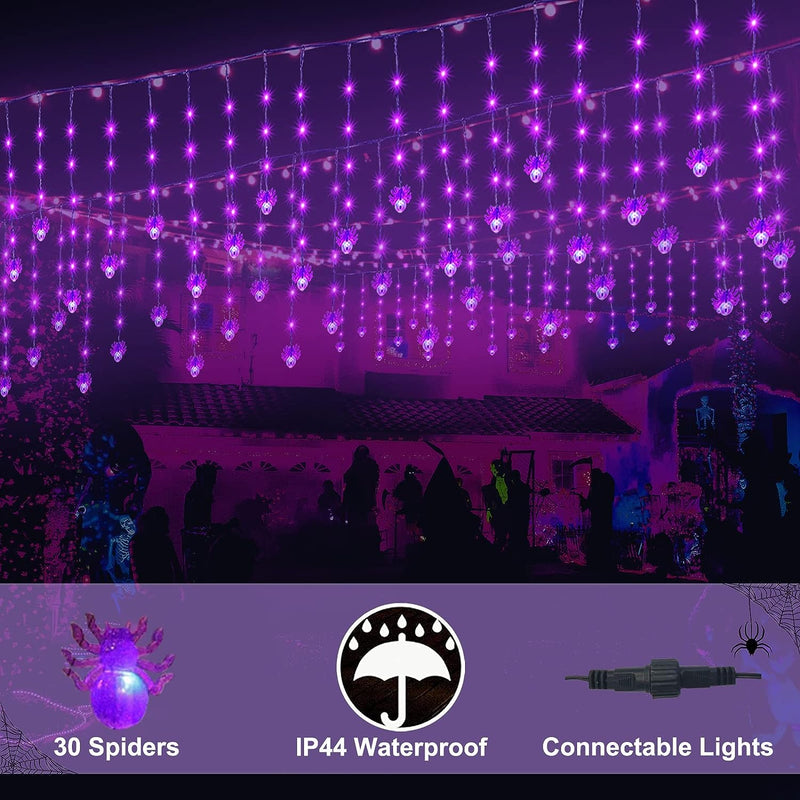 4 Set Halloween Decorative Light-70 LED Purple Spider Lights-150 LED 15 Ft Purple Icicle Lights-Halloween LED Hello Wreath-20 LED Artificial Tropical Palm Leaves