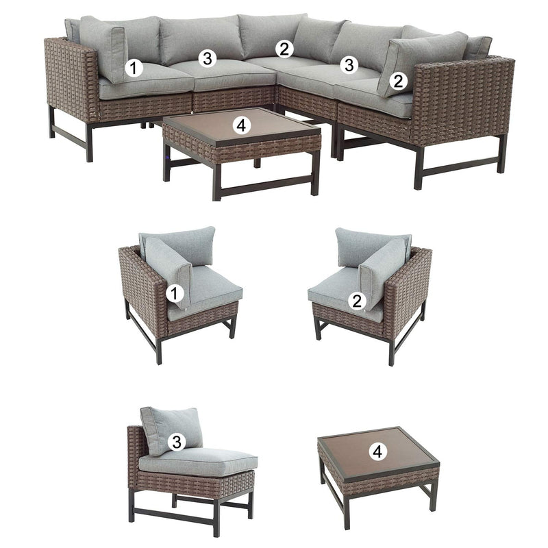 Festival Depot 6 Pieces Patio Outdoor Furniture Conversation Sets Sectional Corner Sofa, Wicker Chairs with Side Coffee Table and Seating Thick Soft Cushion(Grey)