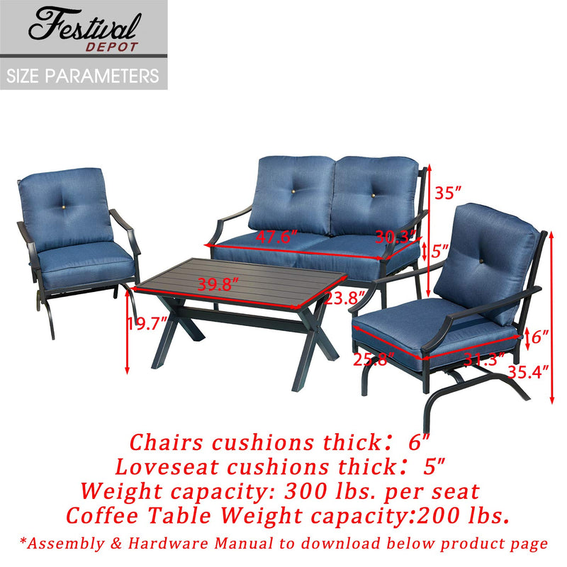 Festival Depot 4 Pieces Dining Outdoor Patio Bistro Furniture Loveseat Armchairs Set with Comfortable&Soft Cushions Premium Fabric with Curved Armrest with Slatted Steel Coffee Table Metal Frame,Blue