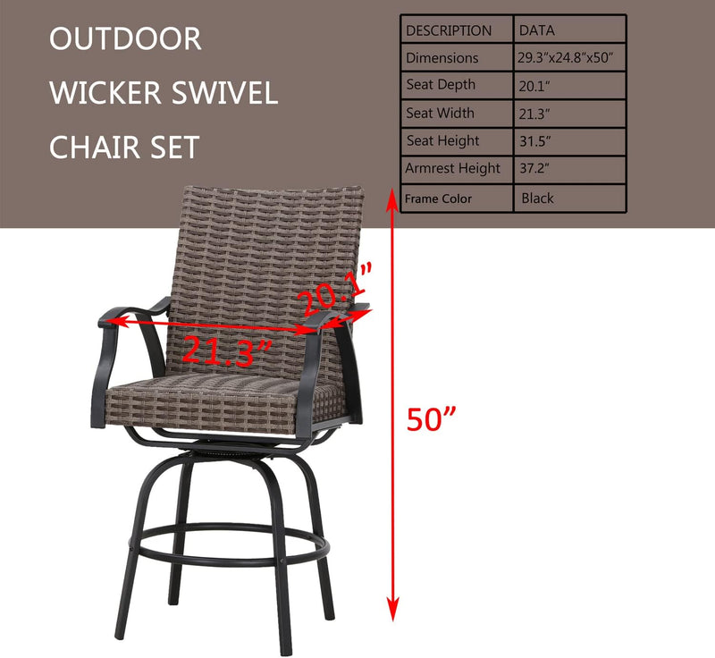 Festival Depot 2 Pcs Patio Bar Height Stools Rattan Wicker High Back 360° Swivel Chairs Patio Dining Chairs All-Weather Metal Outdoor Furniture with Soft Seat Cushion for Bistro Lawn Garden Pool