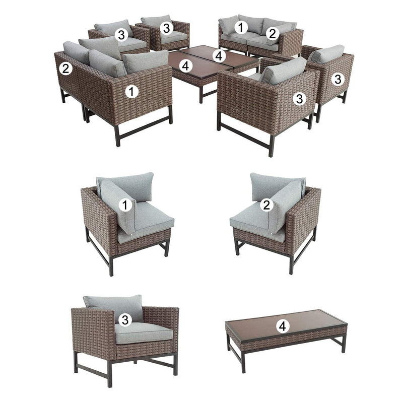 Festival Depot 10 Pieces Outdoor Furniture Patio Conversation Set Combination Sectional Sofa Loveseat All-Weather Woven Wicker Metal Armchairs with Seating Back Cushions Side Coffee Table Ottoman,Gray