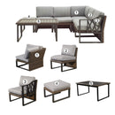 Festival Depot 7pcs Outdoor Furniture Patio Conversation Set Sectional Corner Sofa Chairs All Weather Brown Rattan Wicker Ottoman Slatted Coffee Table with Thick Seat Back Cushions (Grey)