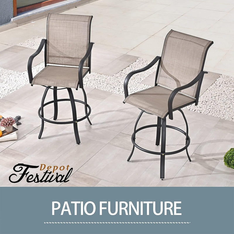 Festival Depot 2 Pcs Bar Height Stools Patio Swivel Chairs Textilene Dining Chairs All Weather Metal Outdoor Furniture for Bistro Garden (Taupe)