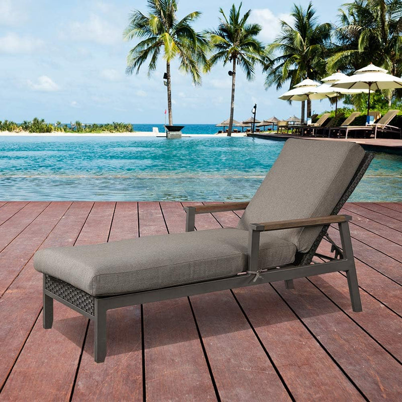 1 Pcs Patio Chaise Lounge Wicker Woven Metal Reclining Chair with Adjustable Back and Thick Cushions Outdoor Furniture for Garden Poolside Backyard, Dark Grey