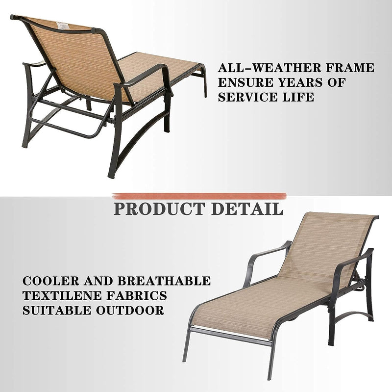 Festival Depot 3 Pcs Patio Outdoor Furniture Chaise Lounge Chair Set with Textilene Fabric and Metal Adjustable Back Curved Armrest, Glass Desktop Side Coffee Table for Porch Yard Garden