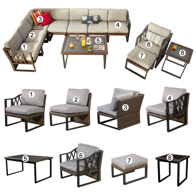 Festival Depot 11Pc Outdoor Furniture Patio Conversation Set Sectional Corner Sofa Chairs All Weather Wicker Ottoman Metal Frame Slatted Coffee Table with Thick Grey Seat Back Cushions Without Pillows