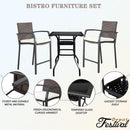 Sports Festival Patio Bar Height Set 3 Pcs Outdoor Furniture Bistro Woven Wicker Stools Chairs with Beige Cushions and 1 Square Metal Steel Tempered Glass Top Table for Lawn Garden Balcony Deck