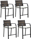 Breezy Elegance Wicker Bar Stools Patio Rattan Armrests Bar Chairs Set with Beige Cushions Footrests and Metal Frame