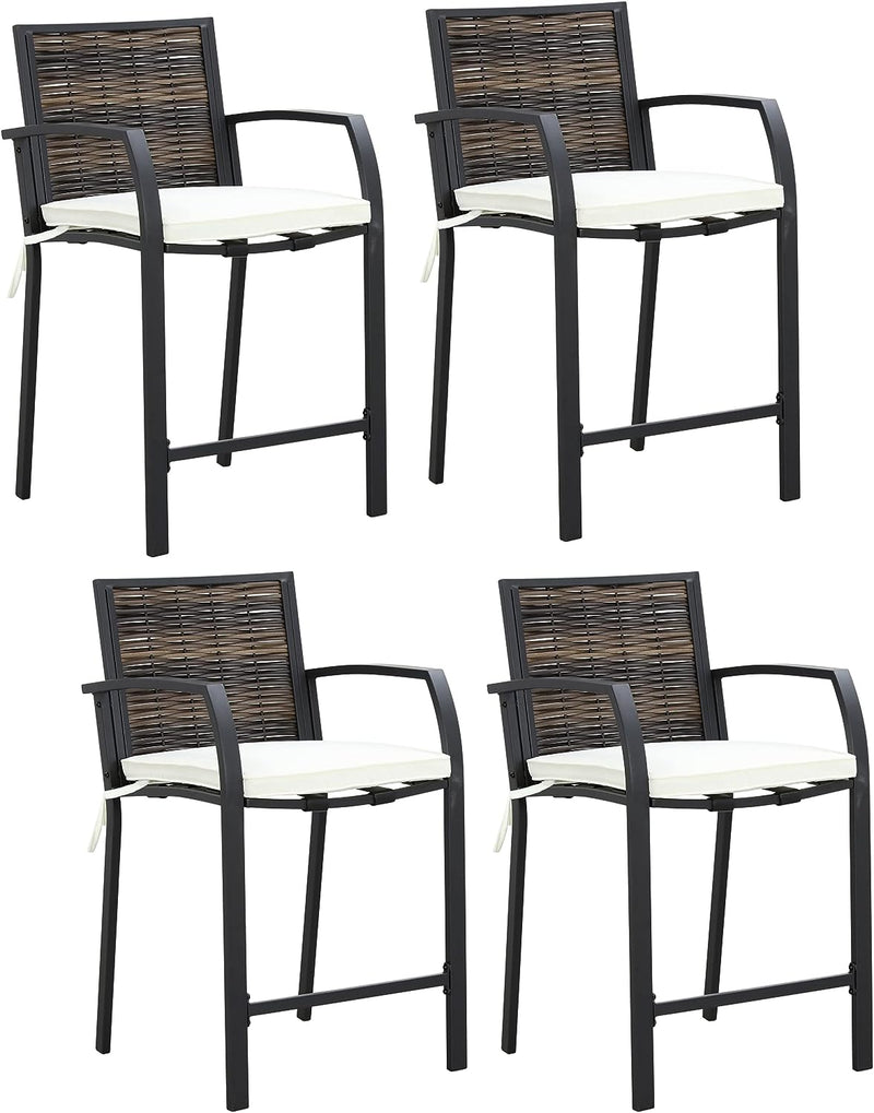 Breezy Elegance Wicker Bar Stools Patio Rattan Armrests Bar Chairs Set with Beige Cushions Footrests and Metal Frame