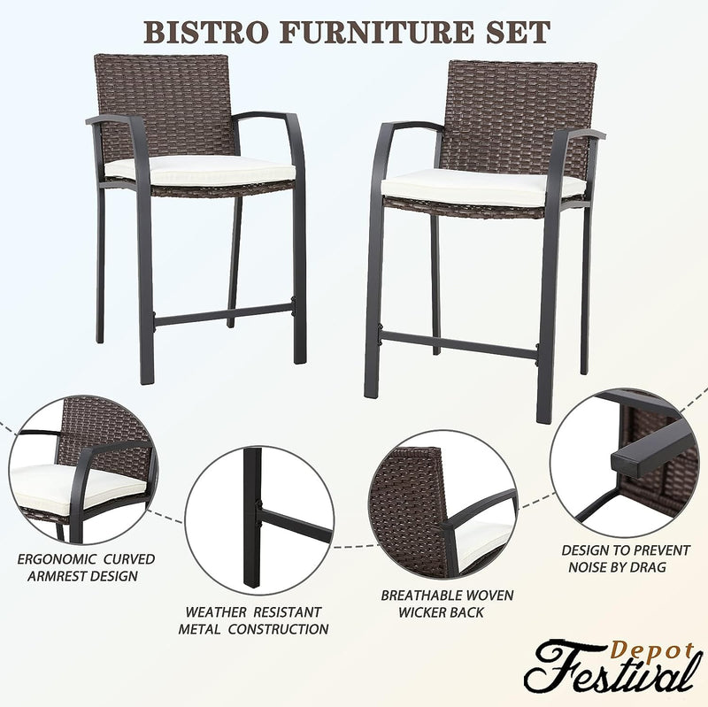 Breezy Elegance Wicker Bar Stools Patio Rattan Armrests Bar Chairs Set with Beige Cushions Footrests and Metal Frame