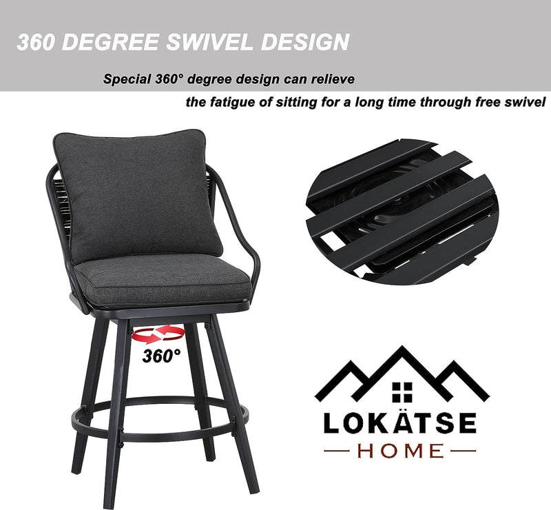 Festival Depot 2 Pcs Outdoor Swivel Bar Height Stools Patio Dining Armchair with Wicker Back Metal Frame Removable Cushion for Bistro Bar Indoor Home Counter Garden Pool (Grey)