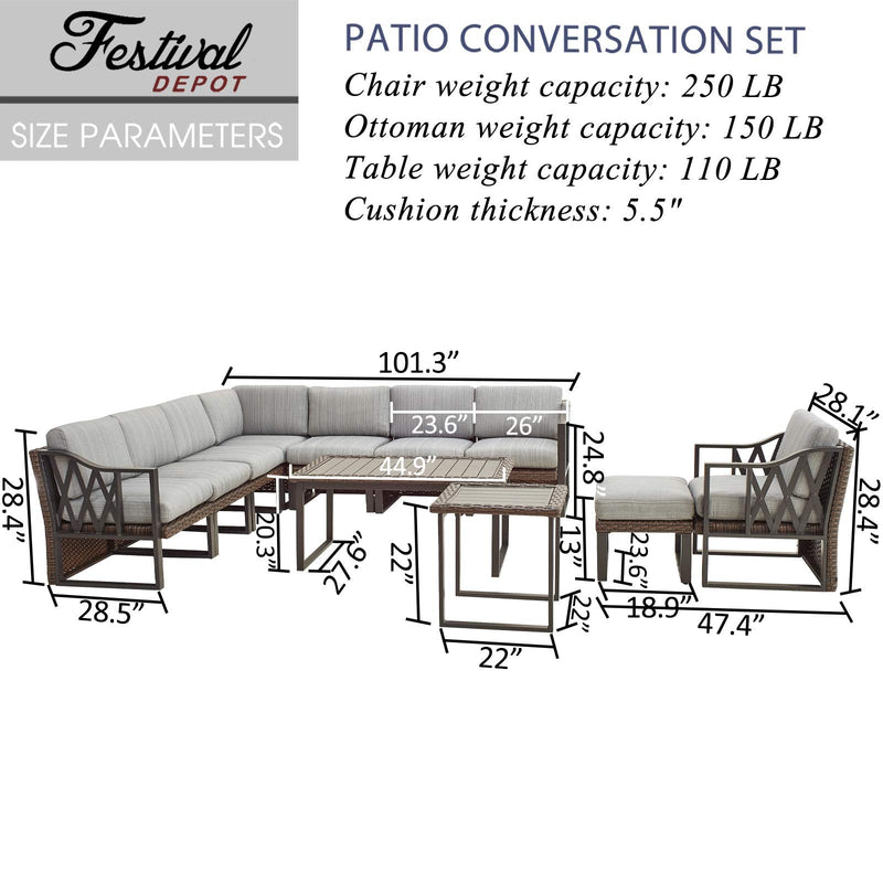 Festival Depot 11Pc Outdoor Furniture Patio Conversation Set Sectional Corner Sofa Chairs All Weather Wicker Ottoman Metal Frame Slatted Coffee Table with Thick Grey Seat Back Cushions Without Pillows