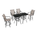 Festival Depot 6-Piece Bar Bistro Patio Outdoor Dining Furniture Sets High Stools 360° Swivel Chairs with Slatted Steel Curved Armrest Square Coffee Side Table Tempered Glass Desktop