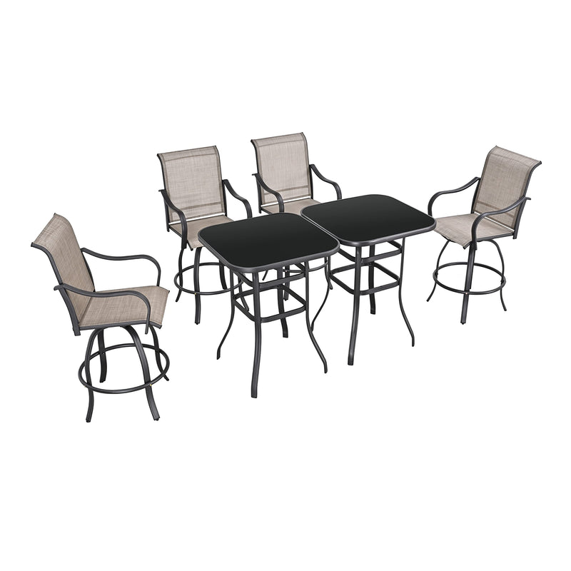 Festival Depot 6-Piece Bar Bistro Patio Outdoor Dining Furniture Sets High Stools 360° Swivel Chairs with Slatted Steel Curved Armrest Square Coffee Side Table Tempered Glass Desktop