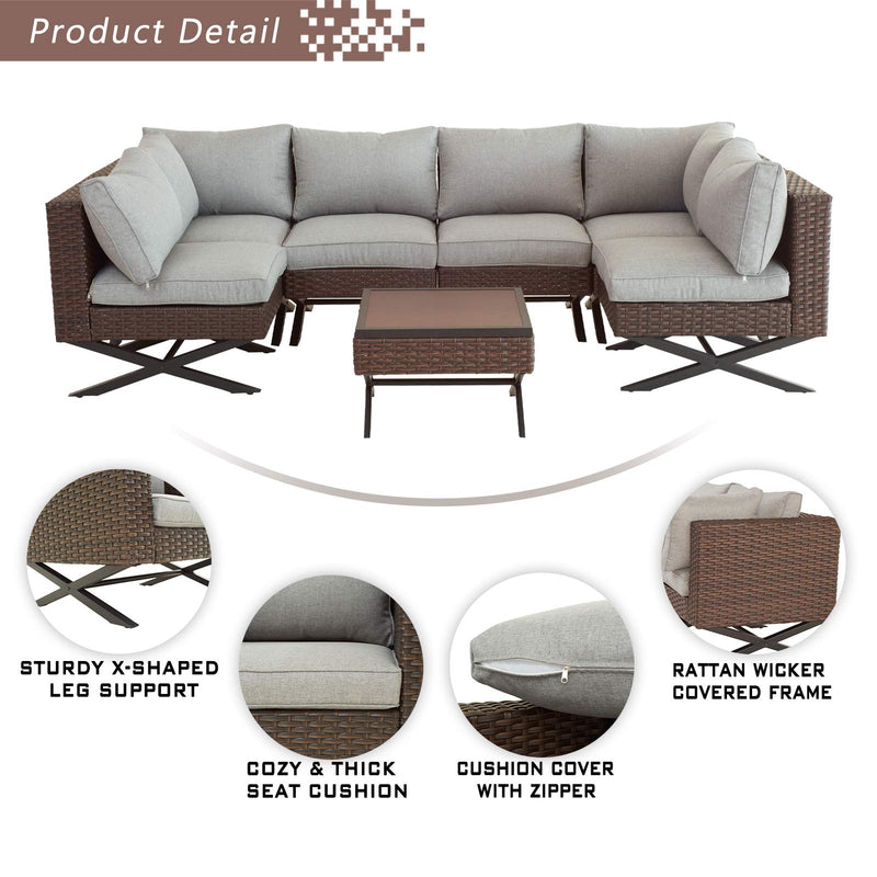 Festival Depot 7pcs Outdoor Furniture Patio Conversation Set Sectional Corner Sofa Chairs with X Shaped Metal Leg All Weather Brown Rattan Wicker Ottoman Side Coffee Table with Grey Seat Back Cushions