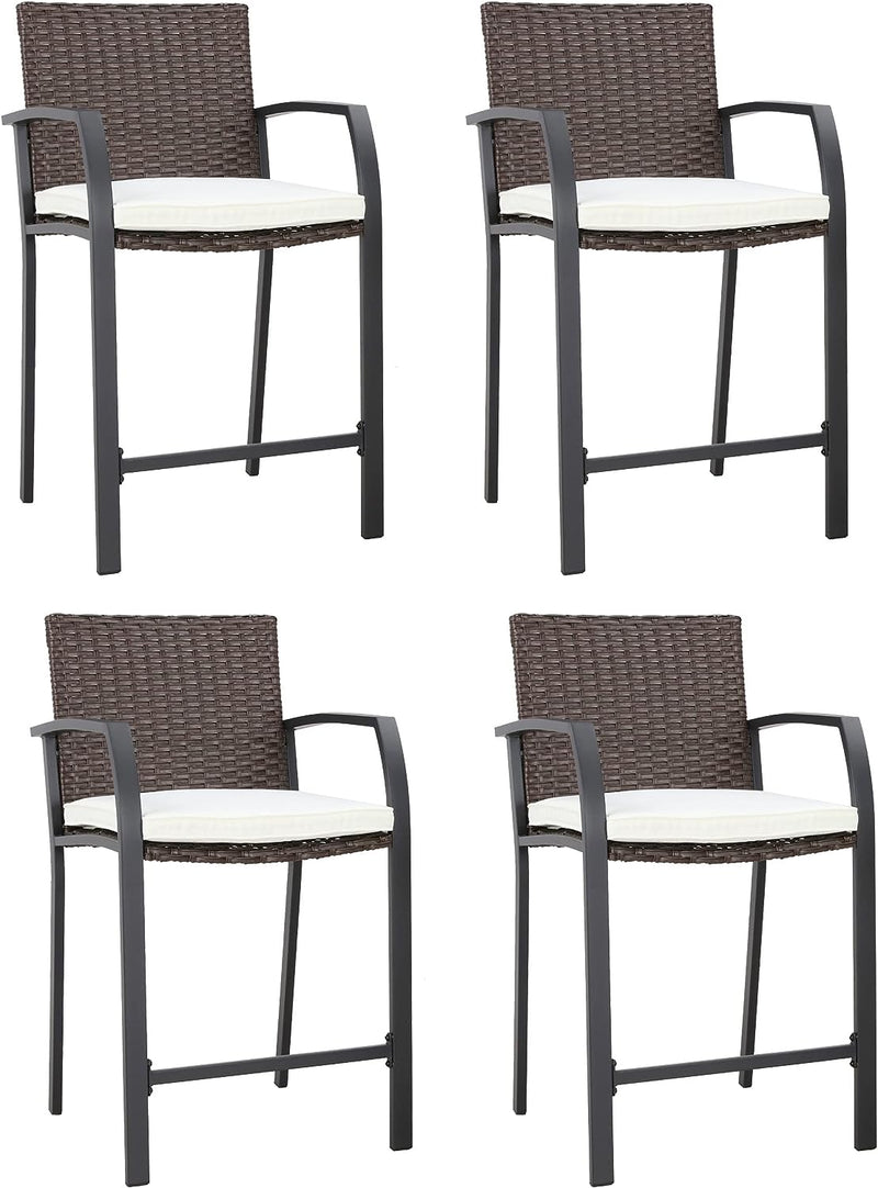 Breezy Elegance Wicker Bar Stools Patio Rattan Armrests Bar Chairs Set with Beige Cushions Footrests and Metal Frame