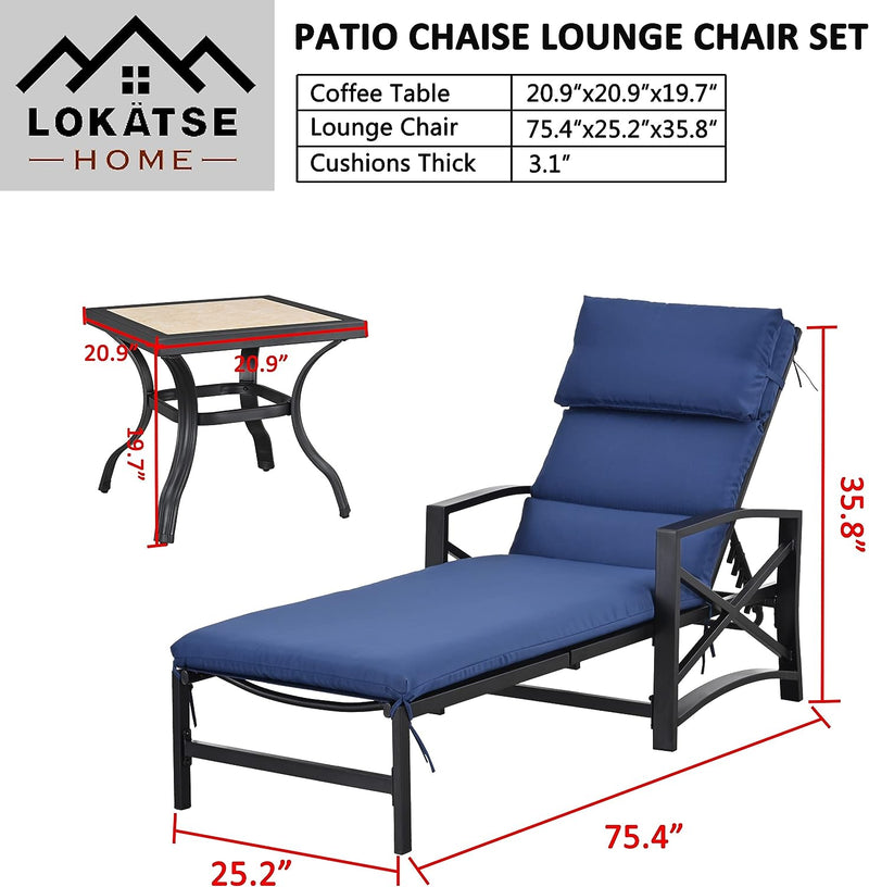Festival Depot 3 Pieces Patio Outdoor Chaise Lounge Chairs with Cushions Set with Coffee Table Premium Fabric Metal Frame Furniture Garden Bistro Soft Backrest (Khaki)