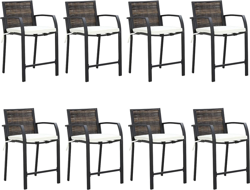 Breezy Elegance Wicker Bar Stools Patio Rattan Armrests Bar Chairs Set with Beige Cushions Footrests and Metal Frame