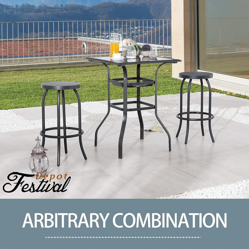 Sports Festival 3 Pcs Patio Bistro Height Set Outdoor Furniture, Backless Bar Stool Chair with Round Seat, Foot Pedals and Square Metal Frame Steel Tempered Glass Top Table for Deck Garden Lawn