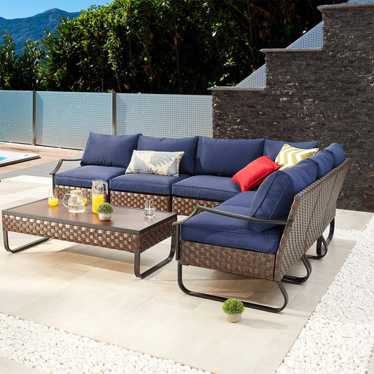 Festival Depot 7 Pieces Patio Furniture Set, All-Weather PE Rattan Wicker Metal Frame Sofa Outdoor Conversation Set Sectional Couch with Cushion and Coffee Table for Deck Poolside (Blue)