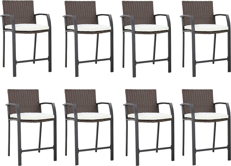 Festival Depot Wicker Bar Stools Patio Rattan Bistro Height Chairs Furniture Set with Beige Cushions, Footrests, Armrests, Metal Frame for Deck Poolside Porch Backyard