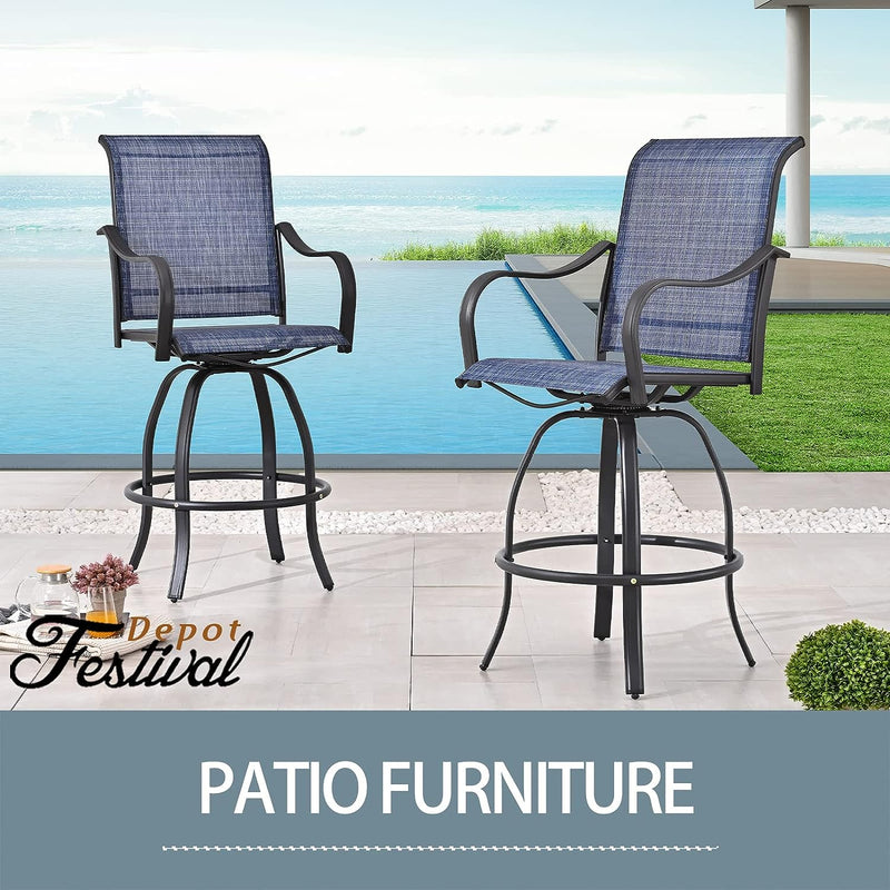 Festival Depot 2 Pcs Bar Bistro Patio Dining Chairs Textilene High Stools 360° Swivel Chairs with Curved Armrest and Metal Frame Outdoor Furniture for Garden Pool All-Weather (Blue)