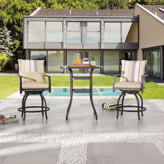 Festival Depot 3 Pcs Outdoor Furniture Bar Stools Set of 2 Swivel Chairs with Cushions and 1 High Bistro Tables with Tempered Glass Tabletop in Metal Frame (Beige)