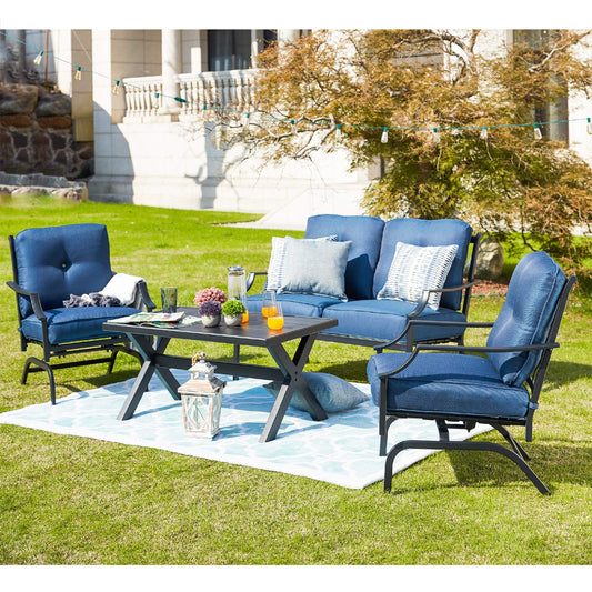 Festival Depot 4 Pieces Dining Outdoor Patio Bistro Furniture Loveseat Armchairs Set with Comfortable&Soft Cushions Premium Fabric with Curved Armrest with Slatted Steel Coffee Table Metal Frame,Blue