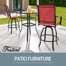 Festival Depot 3-Piece Bar Bistro Patio Outdoor Dining Furniture Sets High Stools 360å¡ Swivel Chairs with Slatted Steel Curved Armrest Square Coffee Side Table Tempered Glass Desktop