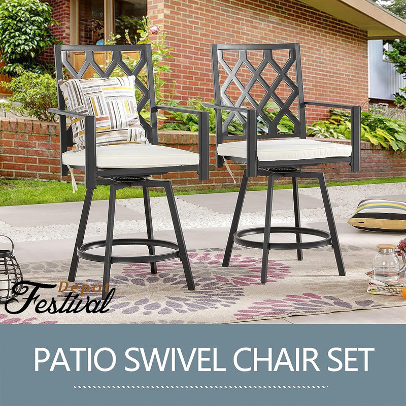 Outdoor 360° Swivel Bar Chairs with High Hollowed-Out Chair Back, Metal Frame and Removable Beige Cushions