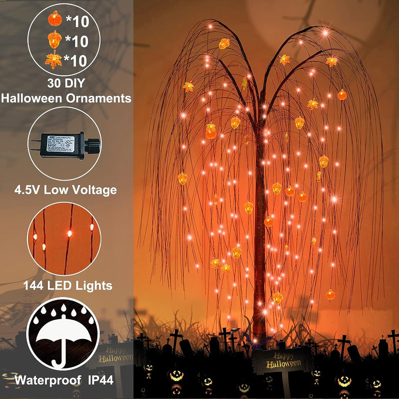 4 Set Halloween Decorative Light-144 LED 4 Ft Light Up Willow Tree-20 LED Skeletons Lights-20 LED 10 Ft Eyeball Lights-20 LED Artificial Tropical Palm Leaves