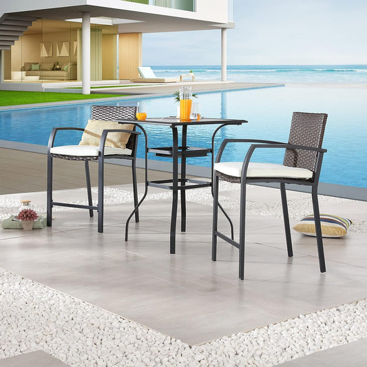 Sports Festival Patio Bar Height Set 3 Pcs Outdoor Furniture Bistro Woven Wicker Stools Chairs with Beige Cushions and 1 Square Metal Steel Tempered Glass Top Table for Lawn Garden Balcony Deck