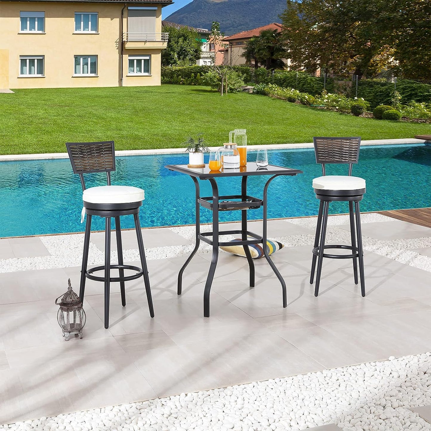 Festival Depot 3 Pcs Patio Bar Set Bistro Height Set, 360° Woven Wicker Swivel Chairs and Bar Height Table with Tempered Glass Top Outdoor Furniture for Garden Poolside Deck Porch (Beige)