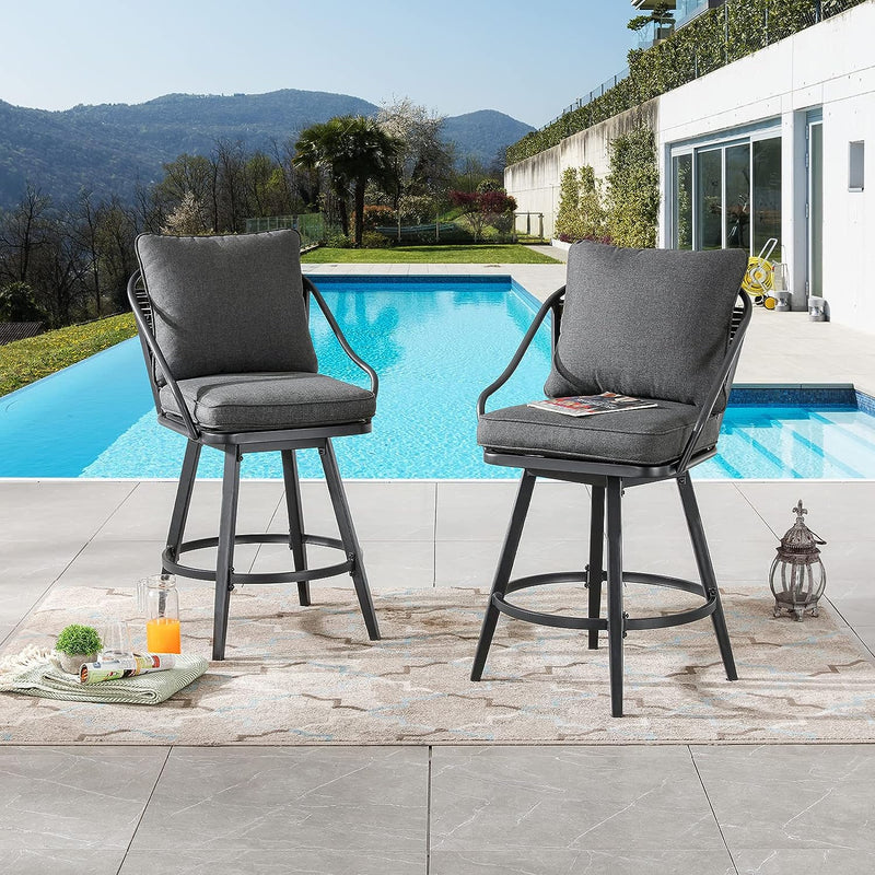 Elegant 2 Piece Outdoor Swivel Bar Height Chairs with Wicker Detailing and Cushions