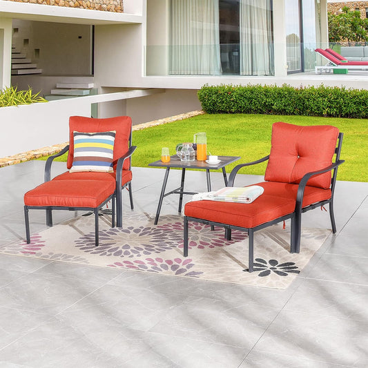 Festival Depot 5 Pcs Patio Conversation Set Sectional Sofa Chair Outdoor Furniture All-Weather Bistro Set with 2 Armchair 2 Ottoman 1 Side Table for Garden Porch Deck Backyard (Red)