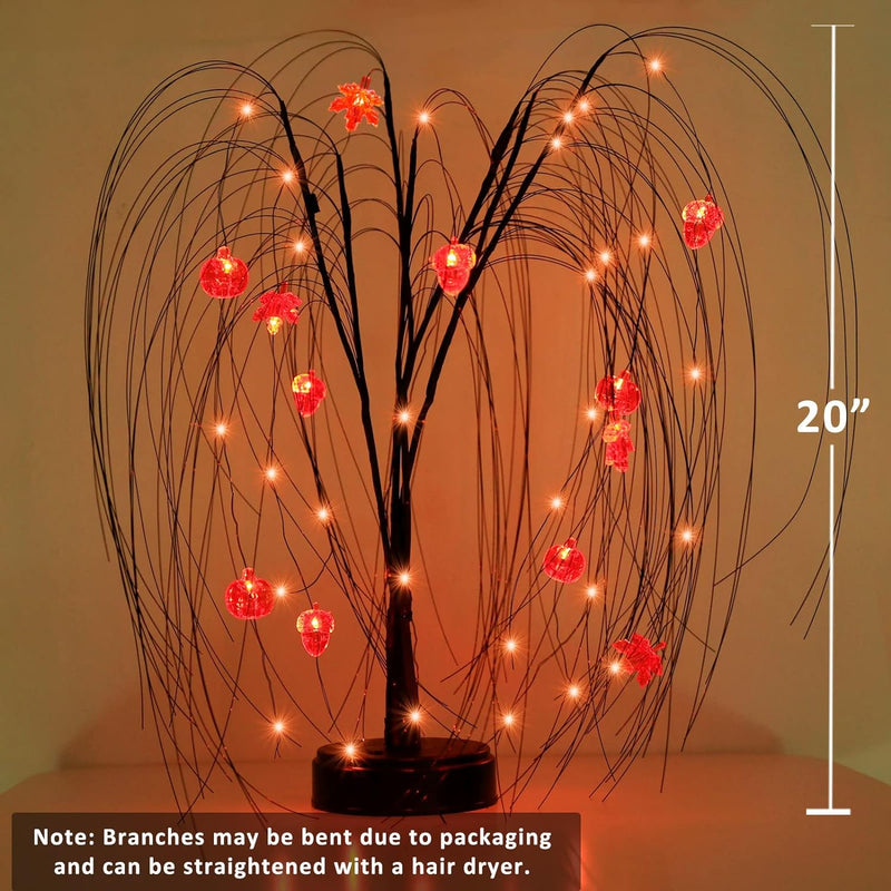 4 Set Halloween Decorative Light-30 LED 10Ft Purple Bat-20 LED 10Ft Pumpkin Lights-20 LED Artificial Tropical Palm Leaves-20 Inch 40 LED Orange Willow Tree