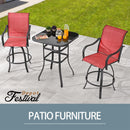 Festival Depot 3-Piece Bar Bistro Patio Outdoor Dining Furniture Sets High Stools 360å¡ Swivel Chairs with Slatted Steel Curved Armrest Square Coffee Side Table Tempered Glass Desktop