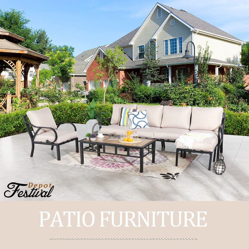 Festival Depot 7pcs Patio Conversation Set Sectional Metal Chairs Couch Sofa with Thick Cushions Ottoman and Coffee Table All Weather Outdoor Furniture for Garden Backyard Balcony, Beige