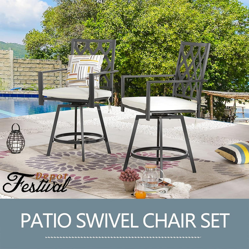 Outdoor 360° Swivel Bar Chairs with High Hollowed-Out Chair Back, Metal Frame and Removable Beige Cushions