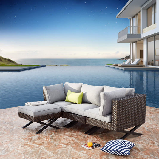 Festival Depot 4-Piece Patio Conversation Set Sectional Corner Sofa Combination X-Shaped Legs Outdoor All-Weather Wicker Metal Armless Chairs for Porch Lawn Garden Balcony Pool Backyard, Brown