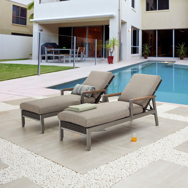 Dual Set Dark Grey Rattan Wicker Adjustable Chaise Lounge with Thick Removable Cushions
