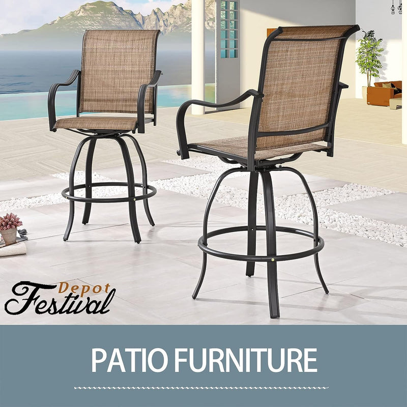 Festival Depot 2 Piece Bar Bistro Outdoor Patio Dining Furniture Chairs Textilene High Stools 360° Swivel Chairs with Steel Curved Armrest with Metal Steel Frame Legs for Lawn Garden Pool All-Weather