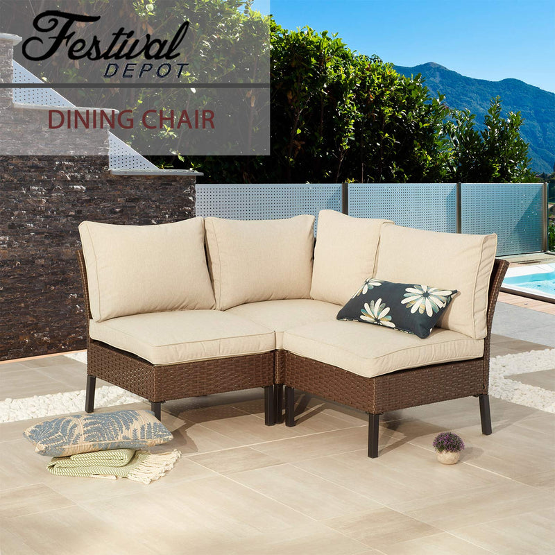 Festival Depot Outdoor Patio Non-Armrest Sofa Armless Chair with Cushions and Metal Frame Wicker Rattan Furniture for Garden Backyard Pool