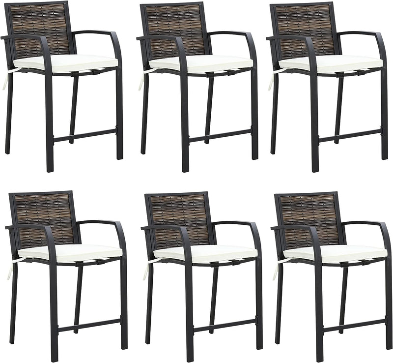 Breezy Elegance Wicker Bar Stools Patio Rattan Armrests Bar Chairs Set with Beige Cushions Footrests and Metal Frame