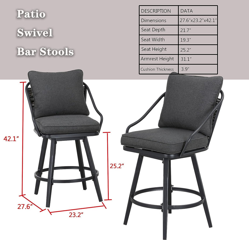 Festival Depot 2 Pcs Outdoor Swivel Bar Height Stools Patio Dining Armchair with Wicker Back Metal Frame Removable Cushion for Bistro Bar Indoor Home Counter Garden Pool (Grey)