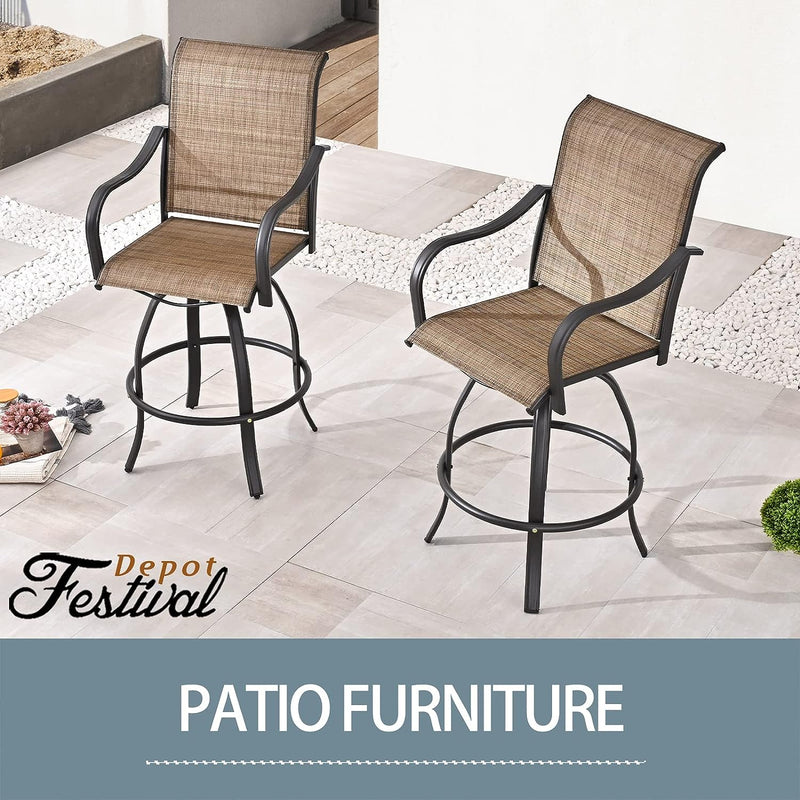 Festival Depot 2 Piece Bar Bistro Outdoor Patio Dining Furniture Chairs Textilene High Stools 360° Swivel Chairs with Steel Curved Armrest with Metal Steel Frame Legs for Lawn Garden Pool All-Weather