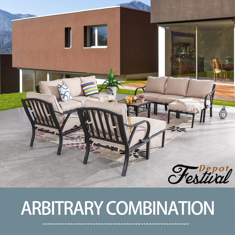 Festival Depot 12 Pieces Patio Conversation Set Sectional Sofa Armchair Ottoman with Thick Cushions and Side Coffee Table All Weather Metal Outdoor Furniture for Deck Garden, Beige