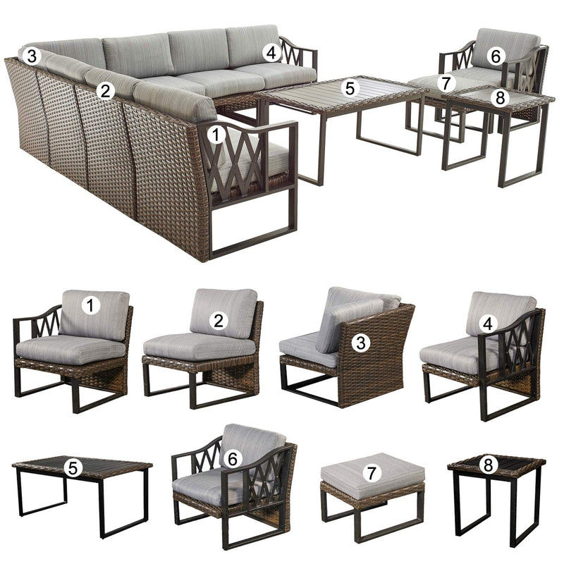 Festival Depot 11Pc Outdoor Furniture Patio Conversation Set Sectional Corner Sofa Chairs All Weather Wicker Ottoman Metal Frame Slatted Coffee Table with Thick Grey Seat Back Cushions Without Pillows